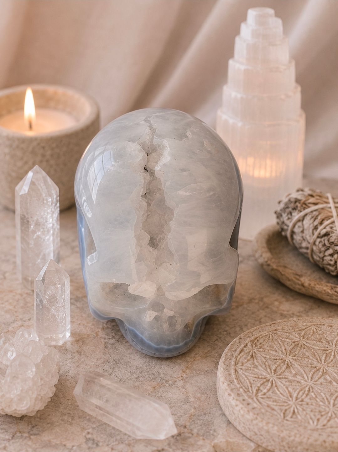 Kristallen decoratie en brandende kaarsen op een stenen dienblad, met een witte geode als middelpunt en seleniettorens.