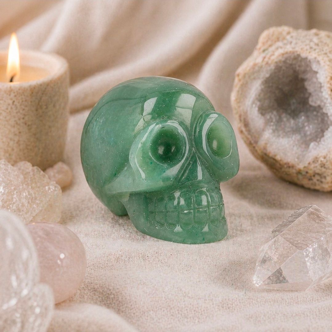 Groene kristallen schedel op zacht zand naast een brandende kaars en een geode.