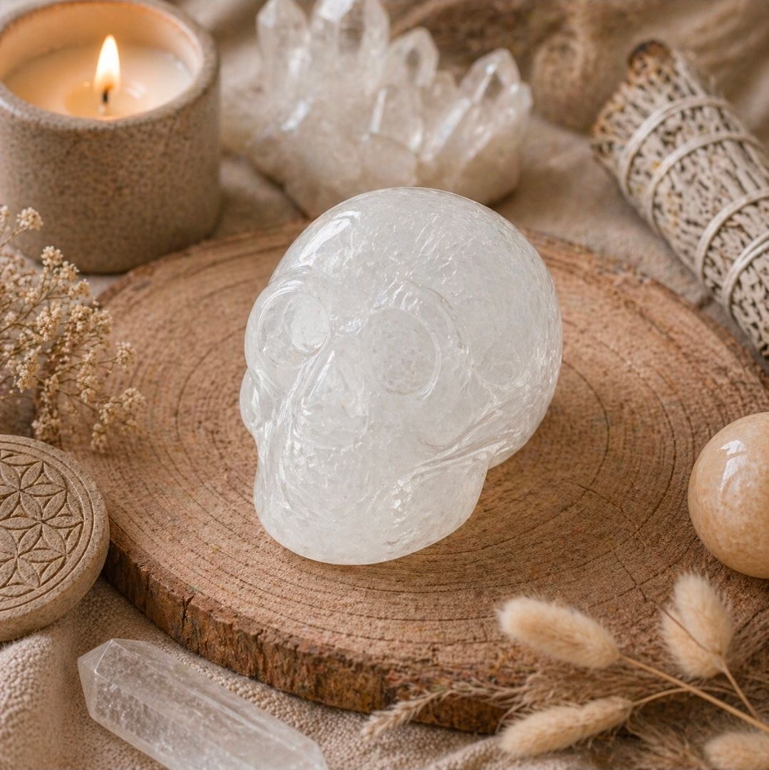 Witte kristallen schedel op een houten schijf met kaars, kristallen en gedroogde planten.