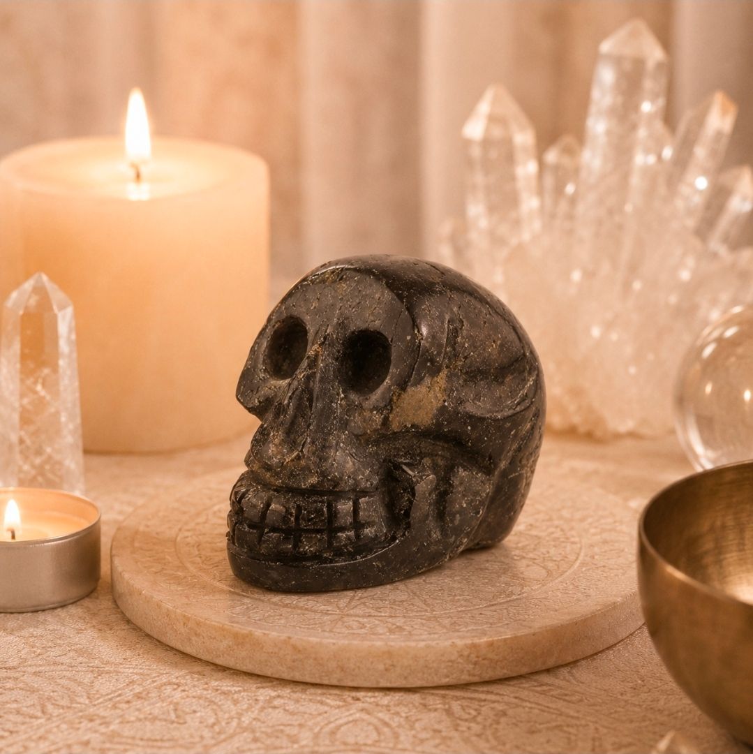 Een donkere schedelsculptuur op een beige tafel met kaarsen en kristallen in warm kaarslicht.
