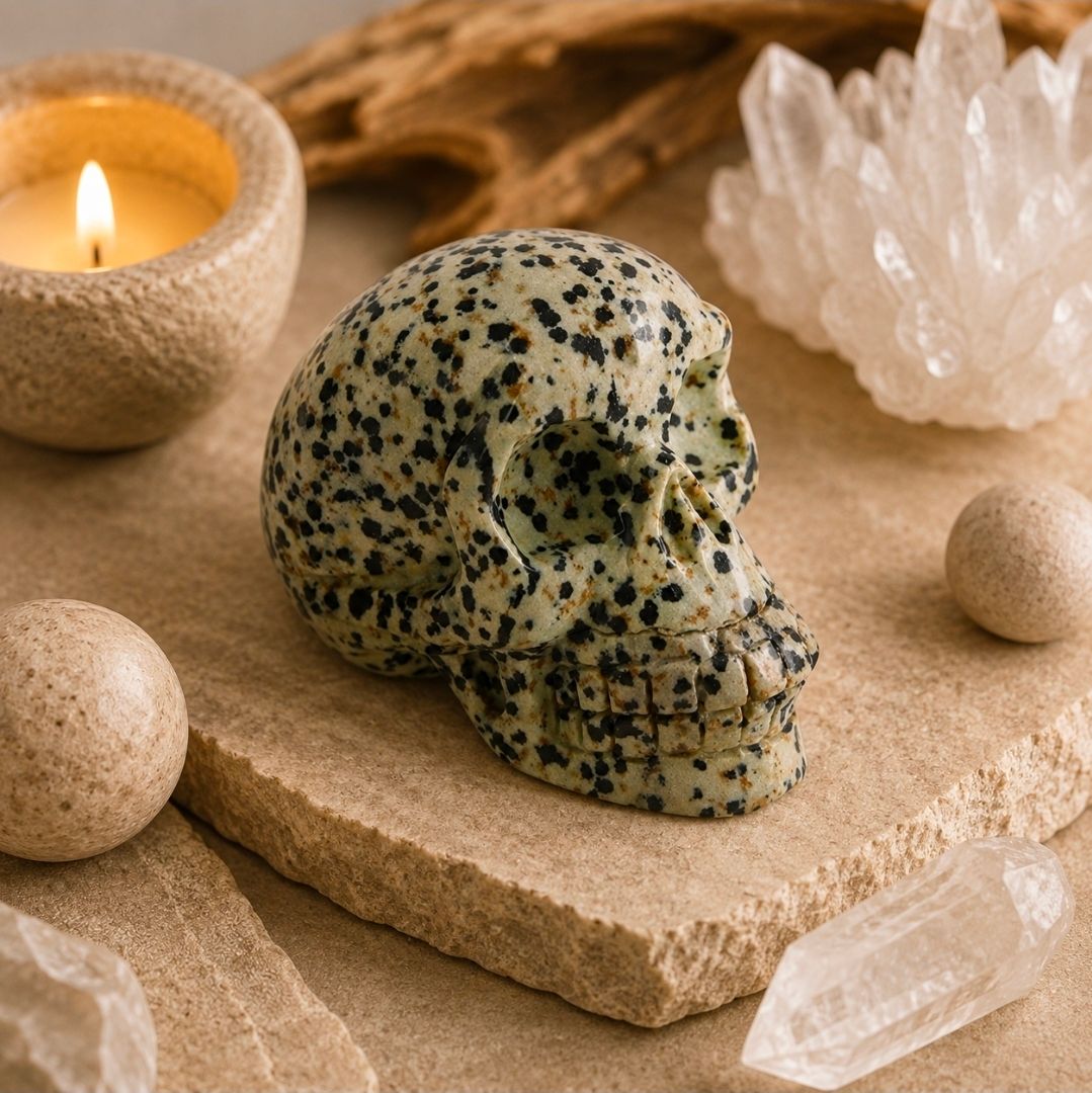 Een gespikkelde schedelsteen op een beige plaat met kaarsen en kristallen in een zacht, aards stilleven.