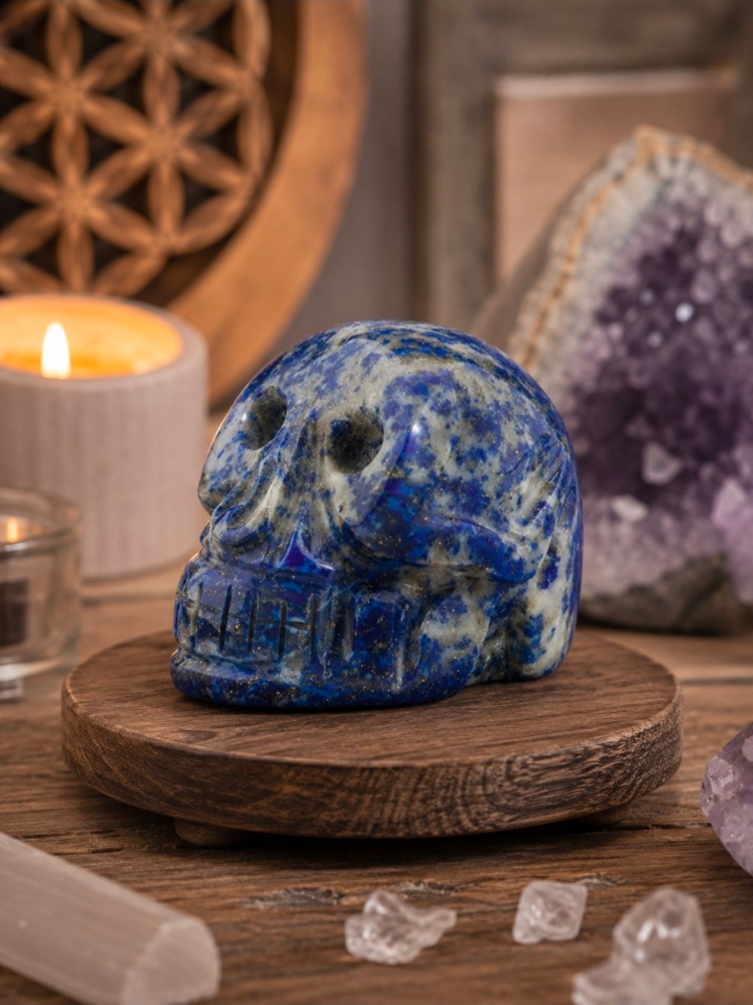 Blauwe kristallen schedel op een houten standaard met kaarsen en amethiststenen op de achtergrond.