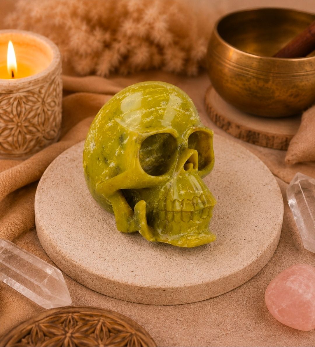 Groene kristallen schedel op een ronde stenen sokkel met kaarsen en een bronzen schaal in een warme, spa-achtige omgeving.
