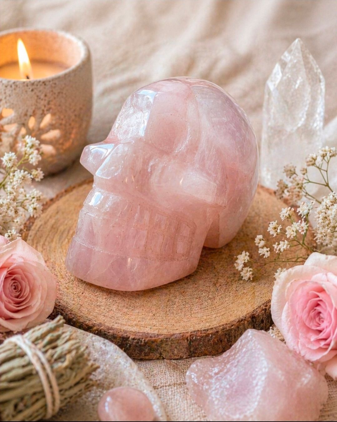 Roze rozenkwartskristal op een houten onderzetter met rozen en een brandende kaars in een zachte, spa-achtige omgeving.