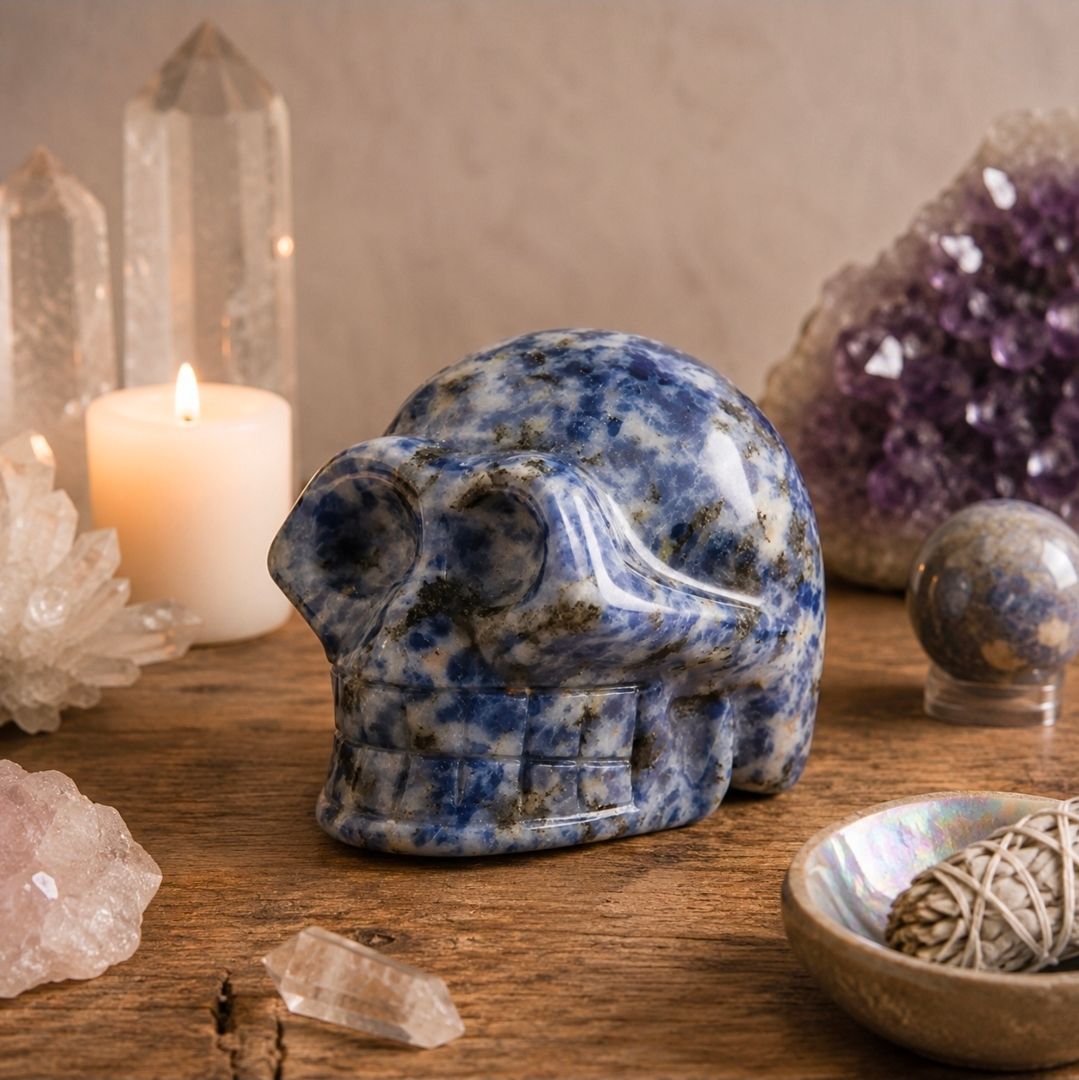 Blauw-witte kristallen schedel op een houten tafel met kaarsen en kristallen op de achtergrond.