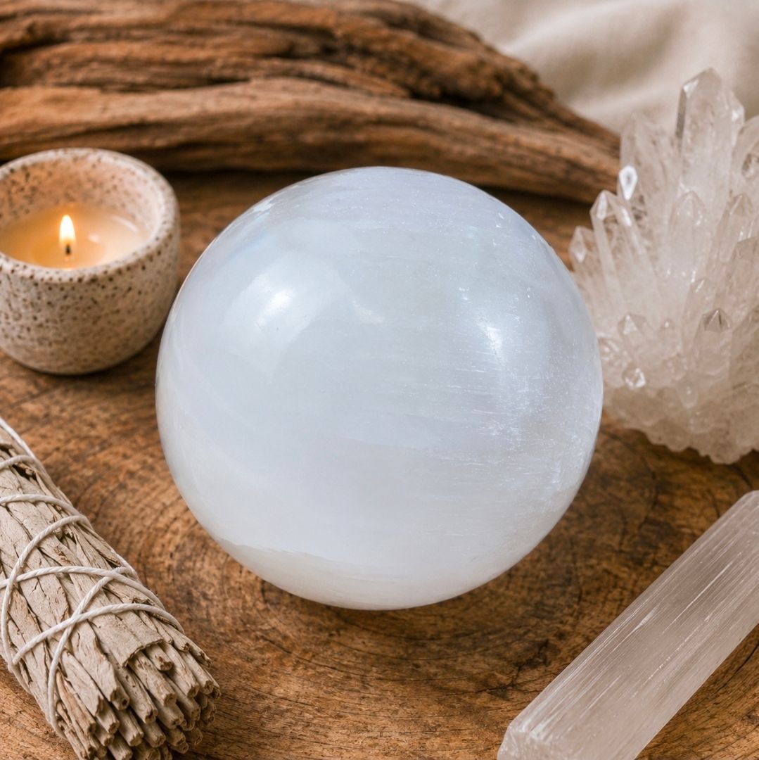 Een witte kristallen bol op een houten ondergrond met een brandende kaars, een bosje salie en heldere kwartskristallen.