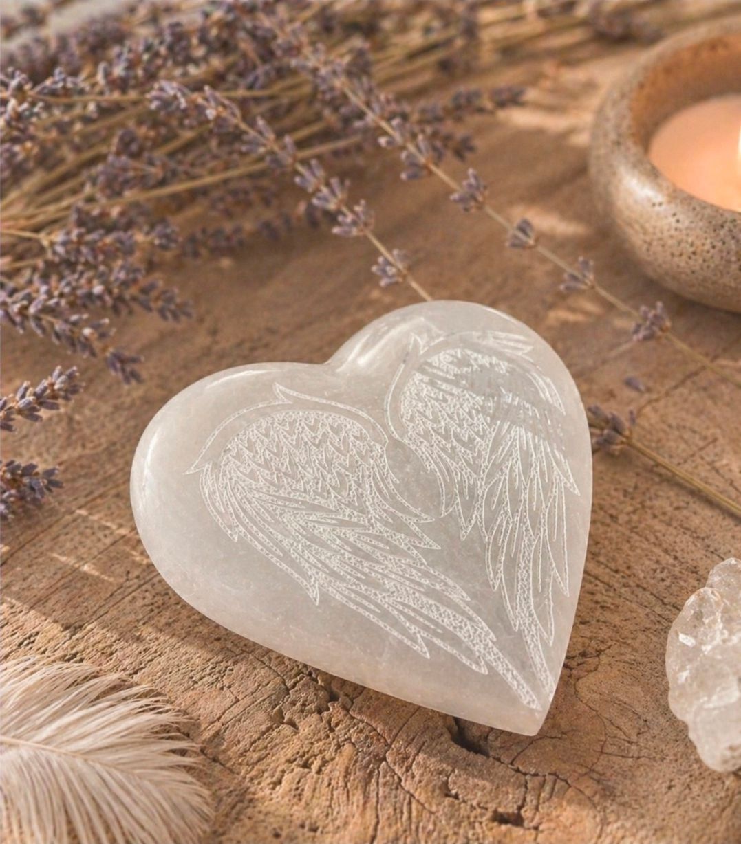 Witte hartvormige kaars op een rustieke houten ondergrond met gedroogde lavendel en zachte decoratie.