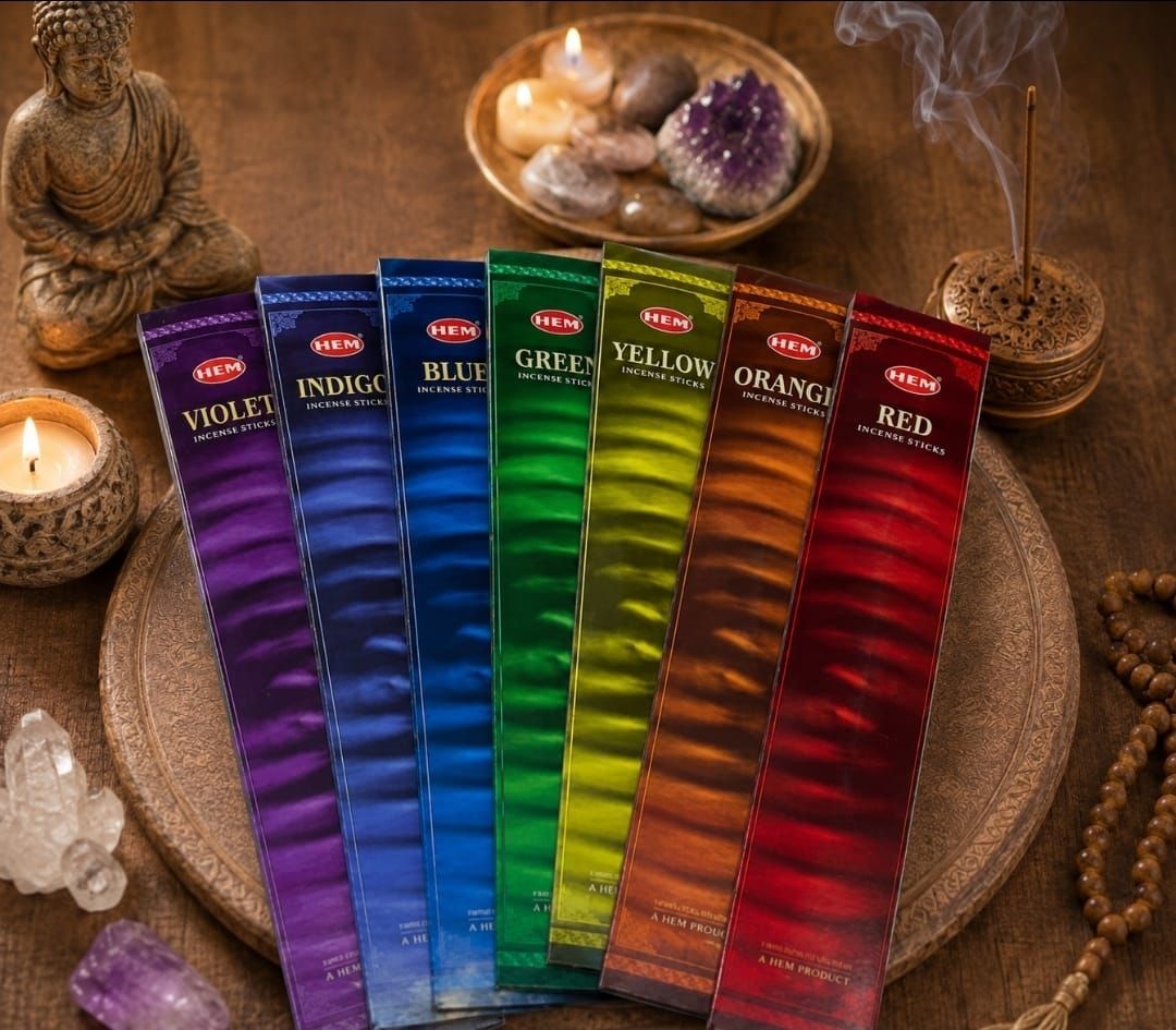 Kleurrijke wierookstokjes, gerangschikt in een regenboog, op een geweven mat met kaarsen en spirituele decoraties.