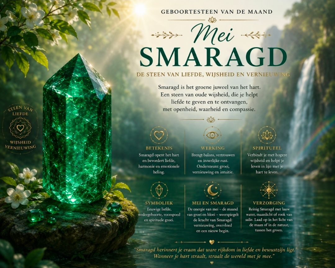 Groene kristallen rustend op mos in een zonovergoten bos met de tekst 