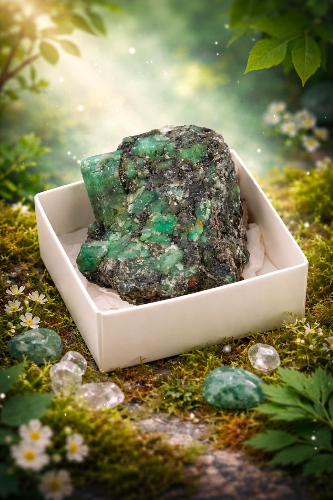 Groen mineraalexemplaar in een witte vitrine op mos, omringd door kleine gepolijste steentjes en bladeren.