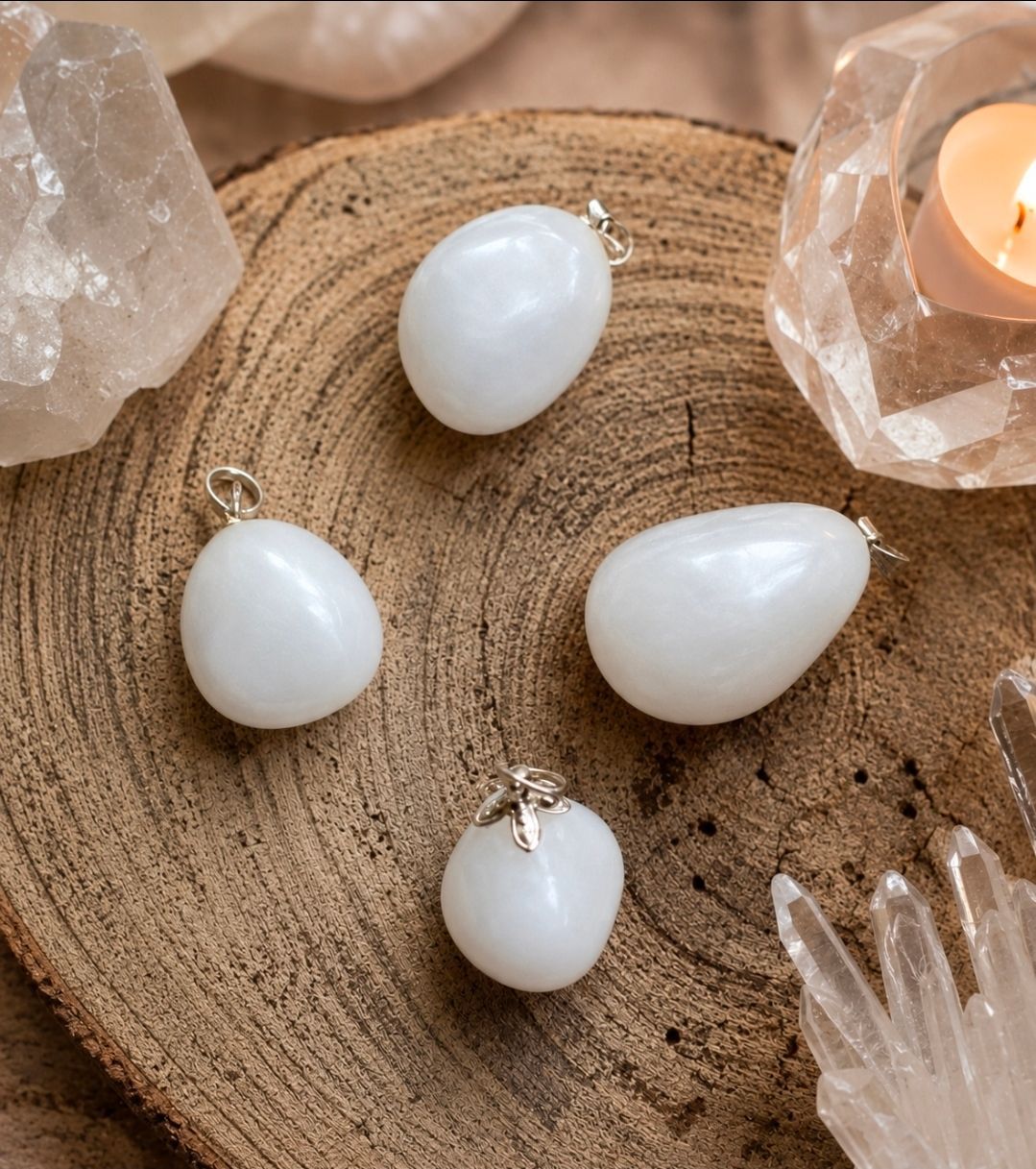 Witte druppelvormige hangers aan een rustieke houten schijf met kristallen en een brandende kaars.