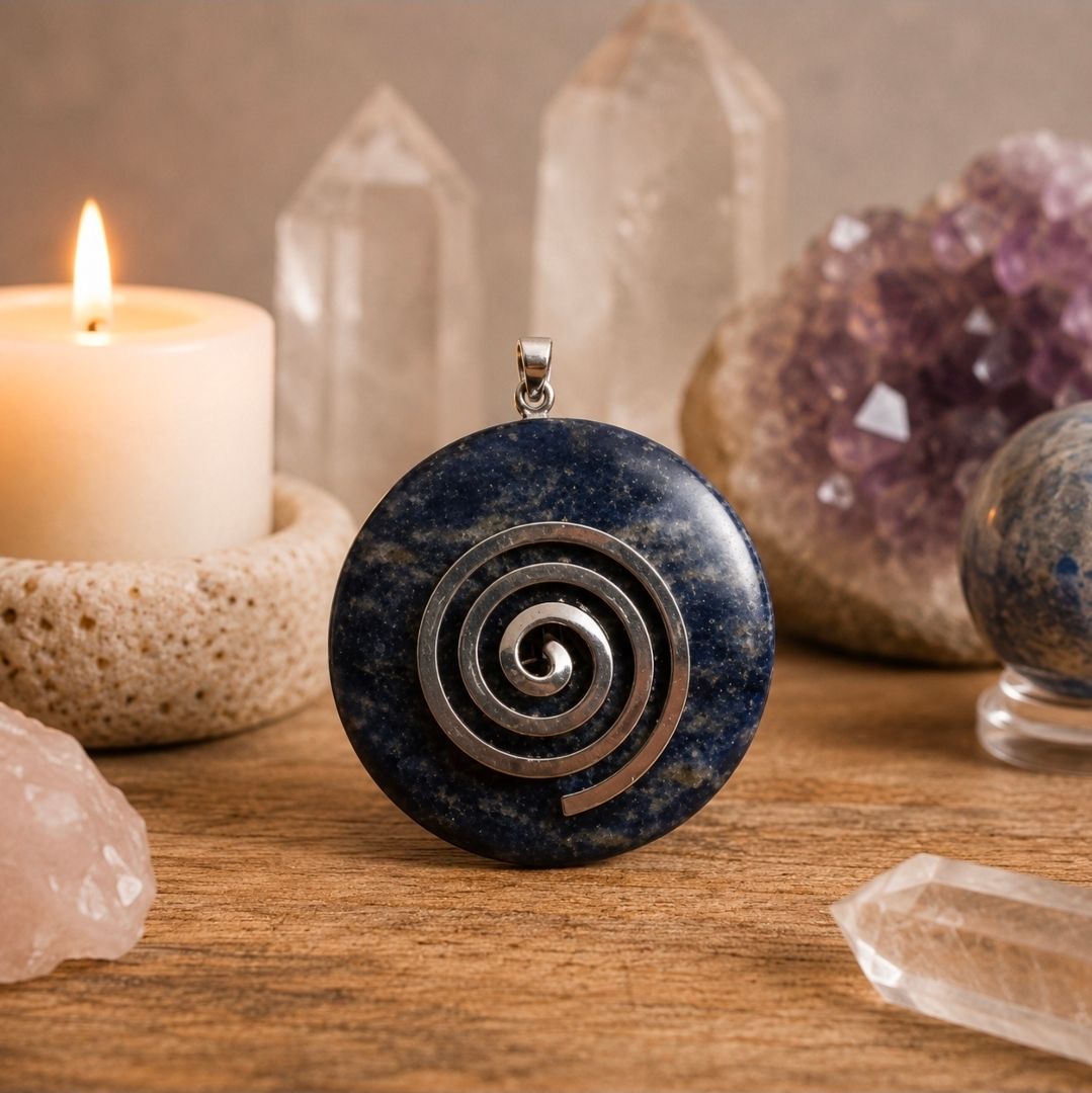Een tafel met kaarslicht, kristallen en een blauwe spiraalvormige hanglamp als middelpunt.