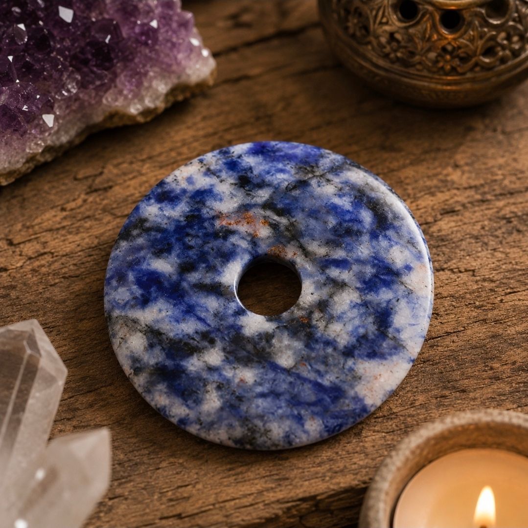 Een blauw-witte stenen hanger op een houten tafeltje met kristallen en een brandende kaars.