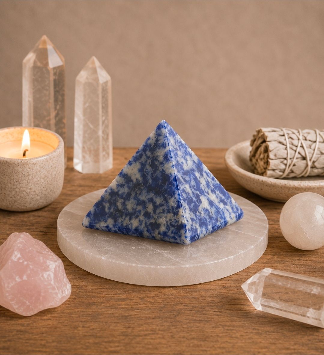 Een blauw-witte piramidevormige kristallen hanger op een houten tafel met kaarsen