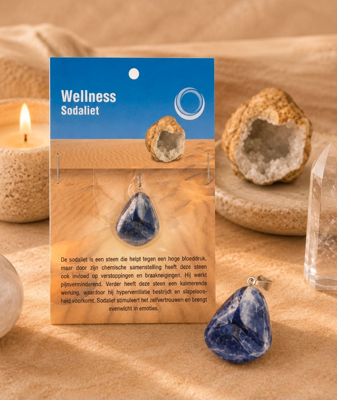 Wellness Social tekstkaart met blauwe kristallen op een warme tafeldecoratie.