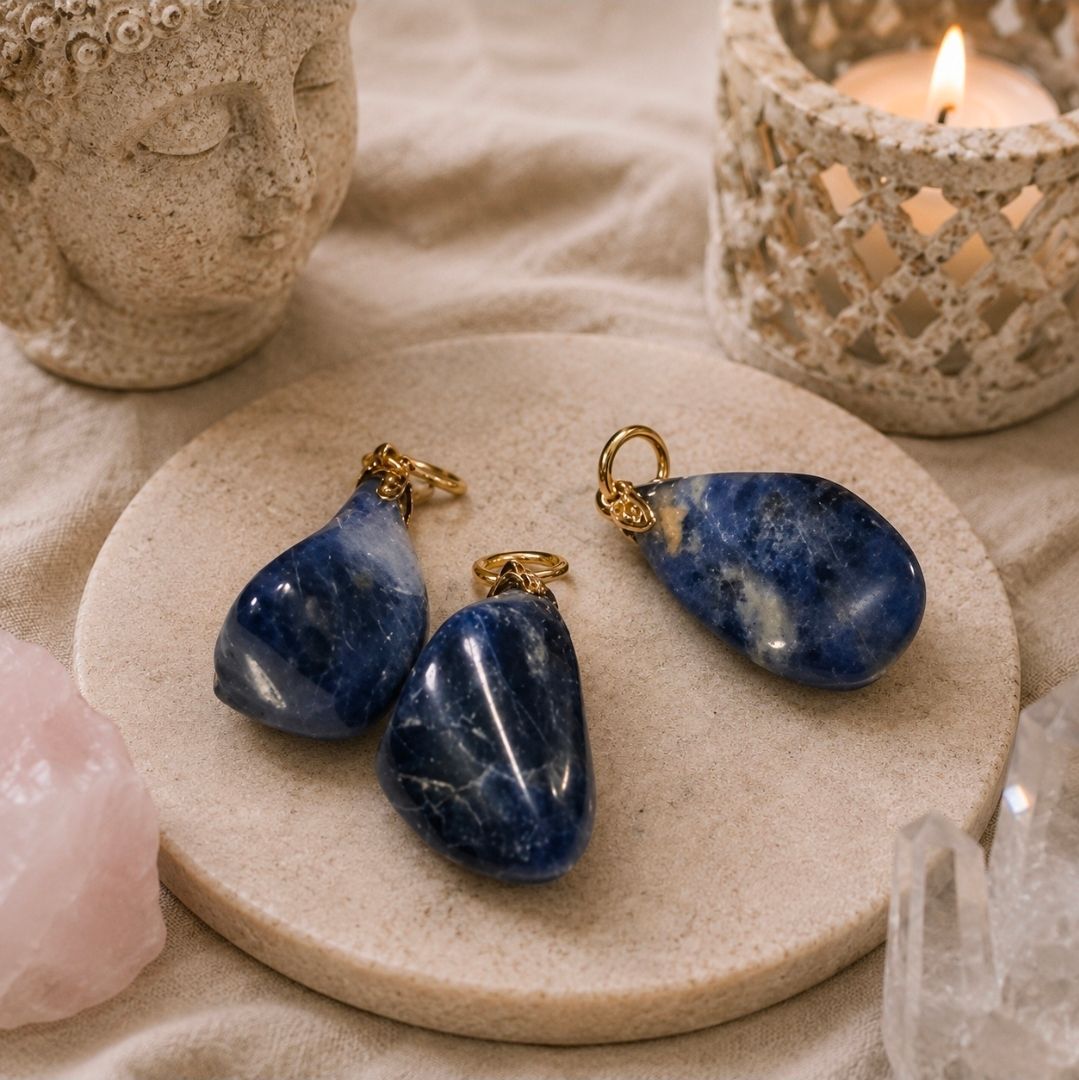 Oorbellen met een hanger van blauwe edelsteen op een beige schaaltje, met kristallen en een brandende kaars ernaast.