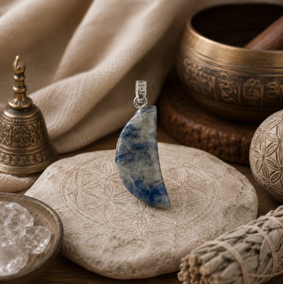 Een hanger van blauw kristal op een gebeeldhouwde steen, omringd door messing schalen en stof in een warm stilleven.