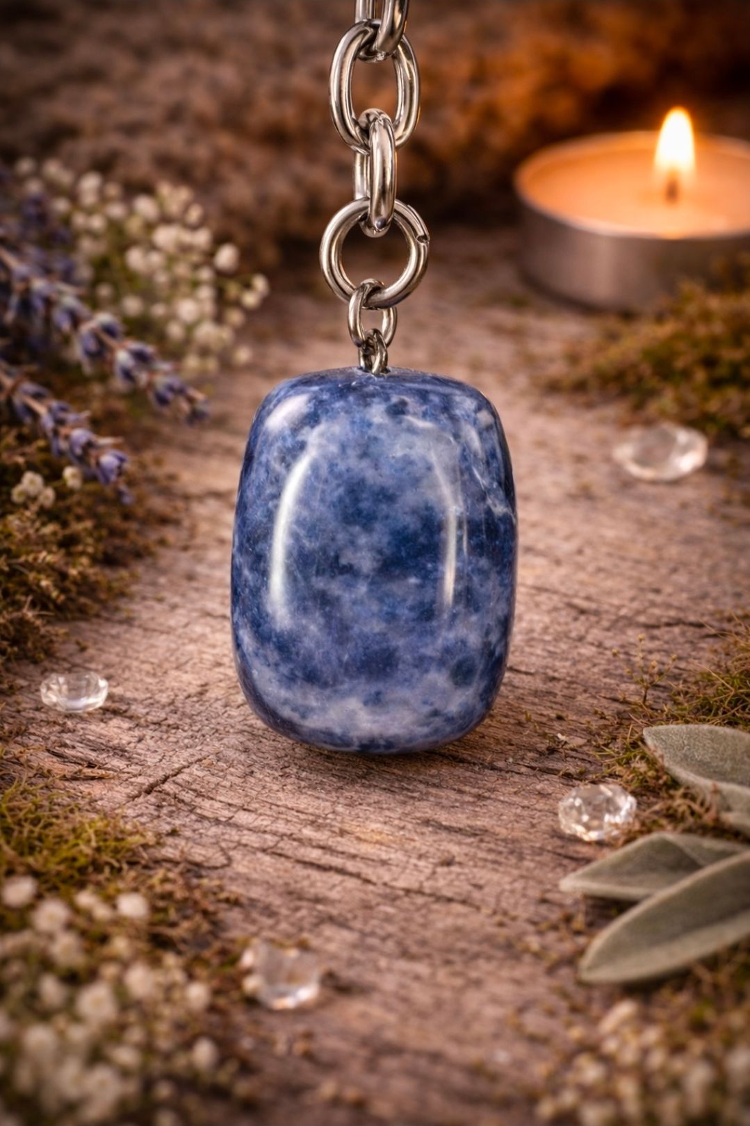 Hanger van blauwe steen aan een ketting, verlicht door kaarslicht op een rustieke houten ondergrond met gedroogde bloemen.