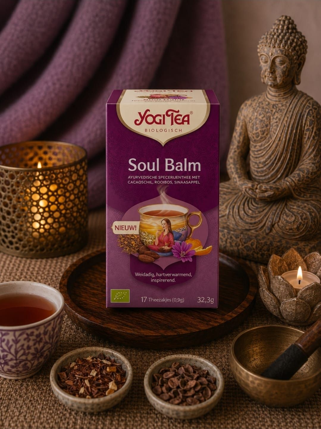 Een doos Yogi Tea Soul Balm met kaarsen, kruiden en een Boeddhabeeldje op een paars gedrapeerde tafel.