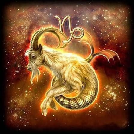 Het gouden sterrenbeeld Steenbok, stralend tegen een vurig kosmisch sterrenveld.