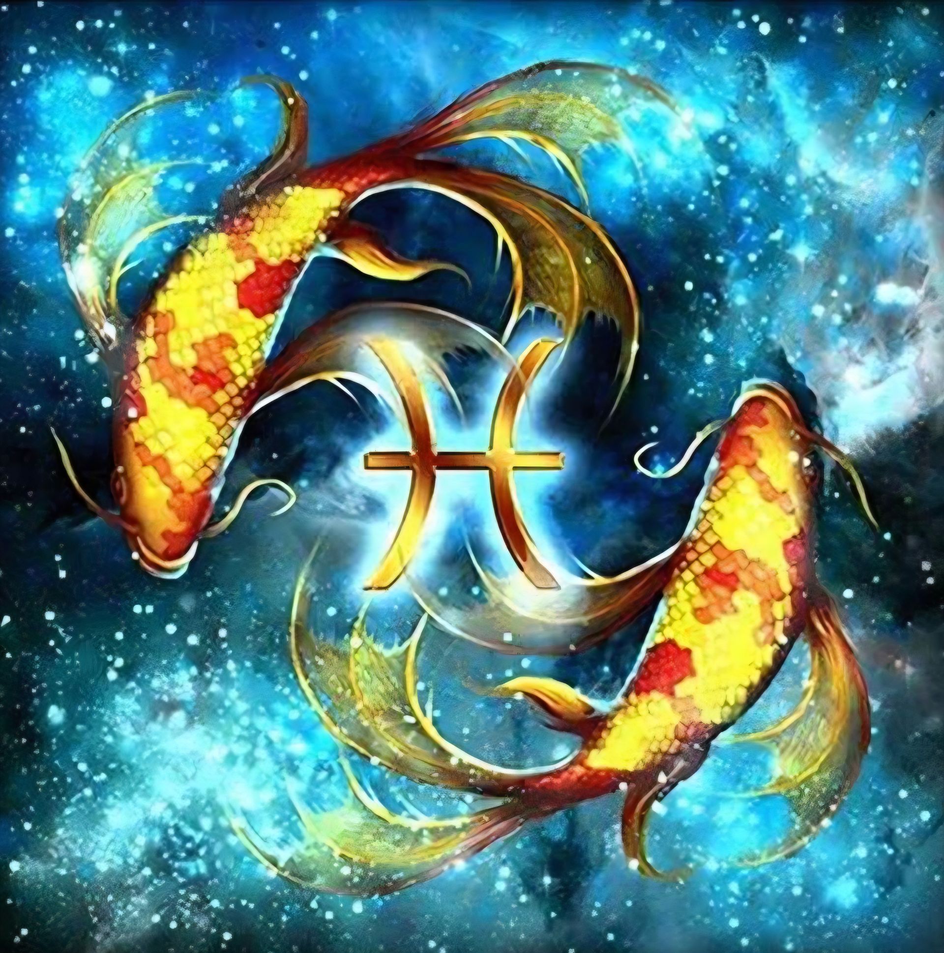 Twee gouden koivissen zwemmen rond een oplichtend Vissen-symbool op een blauwe, kosmische achtergrond.