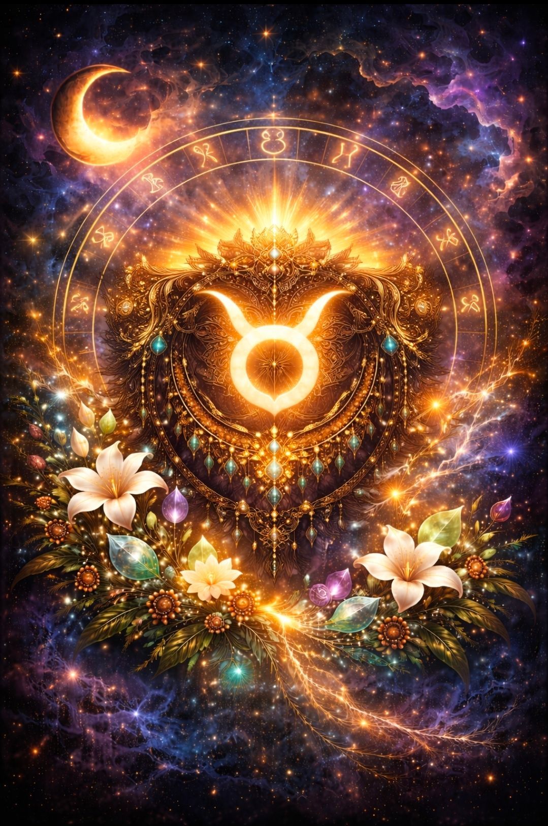 Het stralende Stier-symbool in een kosmische paars-gouden hemelse scène met bloemen en een halve maan.