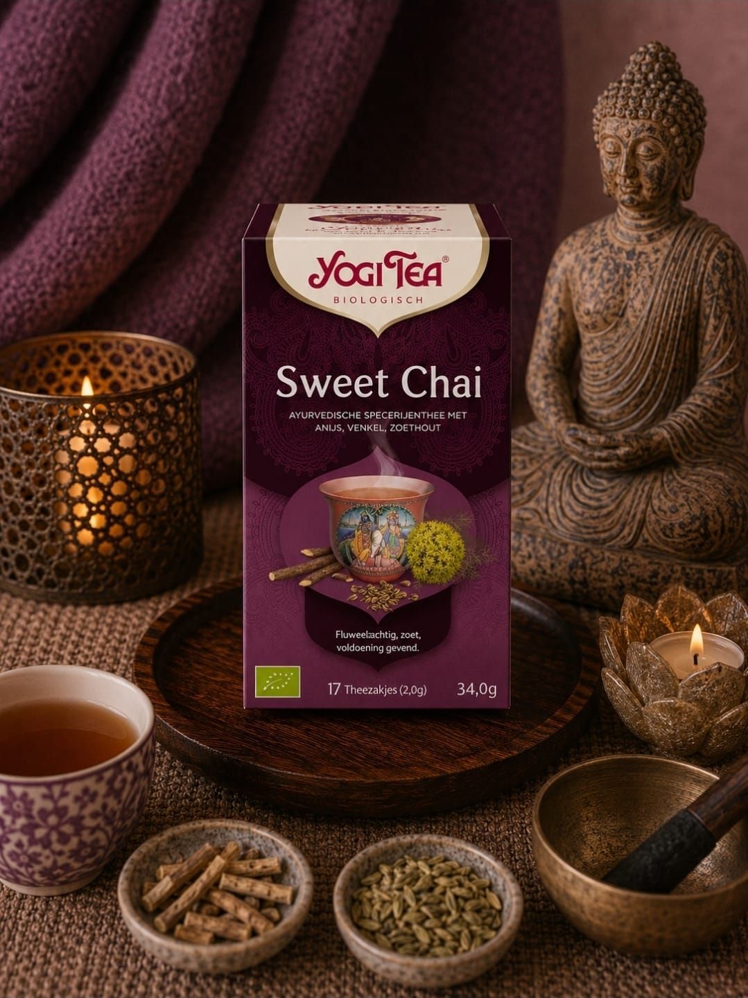 Een doosje Yogi Tea Sweet Chai met kruiden, kaarslicht en een Boeddhabeeldje op een paarse, gedrapeerde achtergrond.