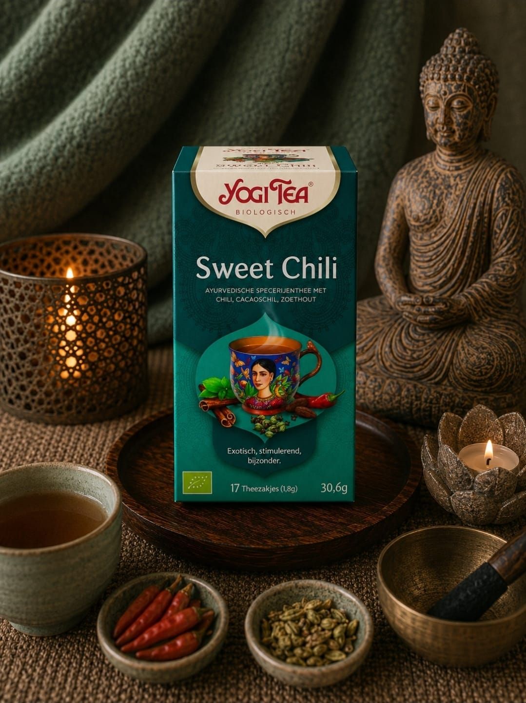 Een doosje Sweet Chili-thee, omringd door kruiden, kaarsen en een Boeddhabeeldje