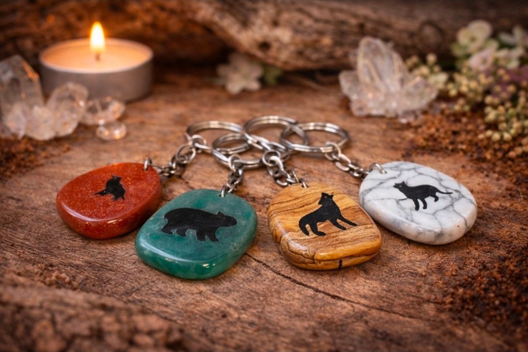 Vier hangers met dierenmotieven aan een ketting, geplaatst op rustiek hout naast een brandende kaars en kristallen.