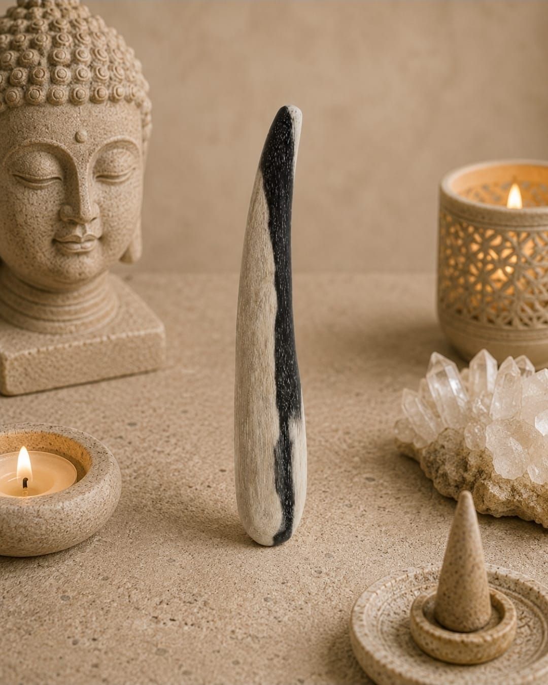 Minimalistisch meditatiealtaar met Boeddha-buste, kaarsen, kristal en een staande steen op een beige ondergrond.