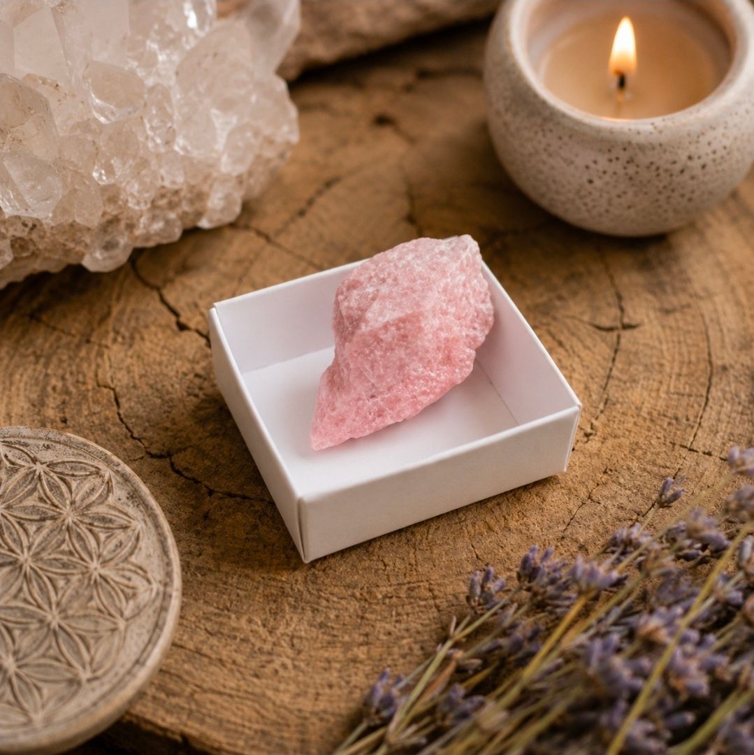 Roze kristal in een witte schaal op een rustieke houten ondergrond, verlicht door kaarslicht en gedroogde lavendel.
