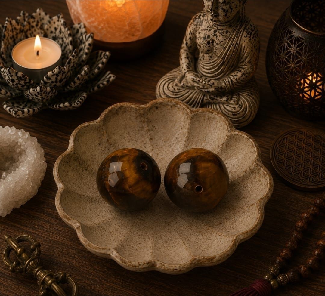 Een Boeddhabeeldje, een brandende kaars en kristallen bollen op een decoratief bord in een warme, zen-achtige setting.