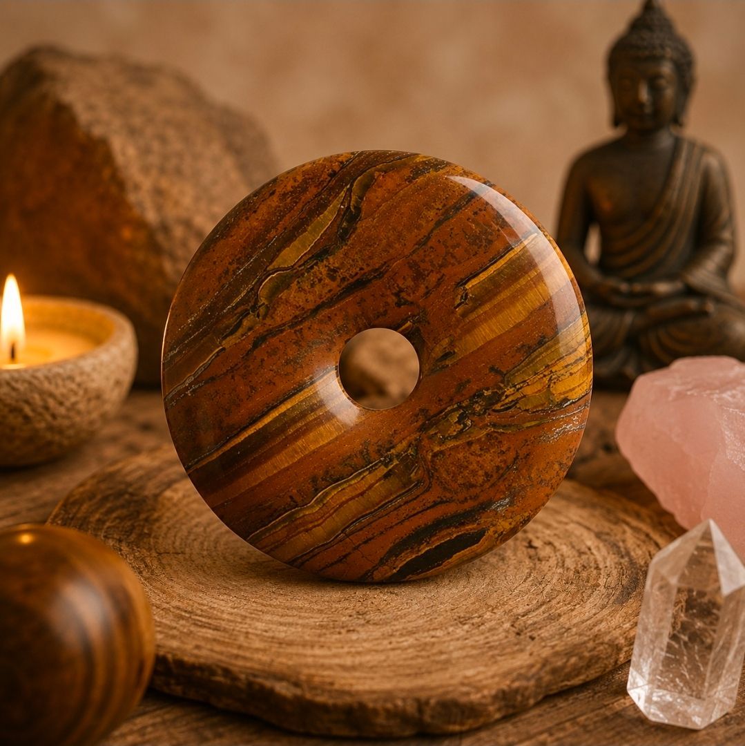 Rustiek meditatiestilleven met een gepolijste stenen hanger, kaars, Boeddhabeeldje, rozenkwarts en kristal.