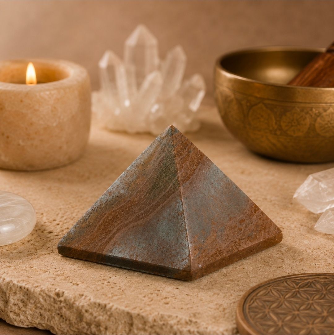 Kristallen piramide op een zanderige ondergrond met een brandende kaars, heldere kwarts en messing schalen op de achtergrond.