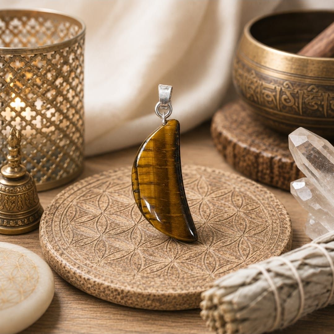 Hanger met tijgeroogmotief op een gegraveerde houten onderzetter met kristallen en een kaars in een warme, boho-setting.