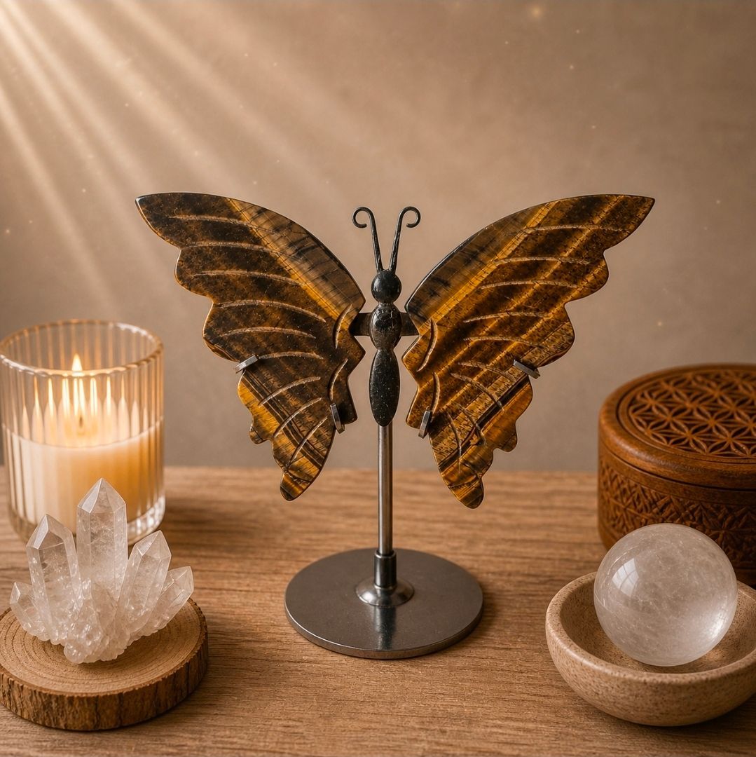 Een vlindervormig decoratiestuk van amberkleurig kristal op een standaard, geflankeerd door kaarsen