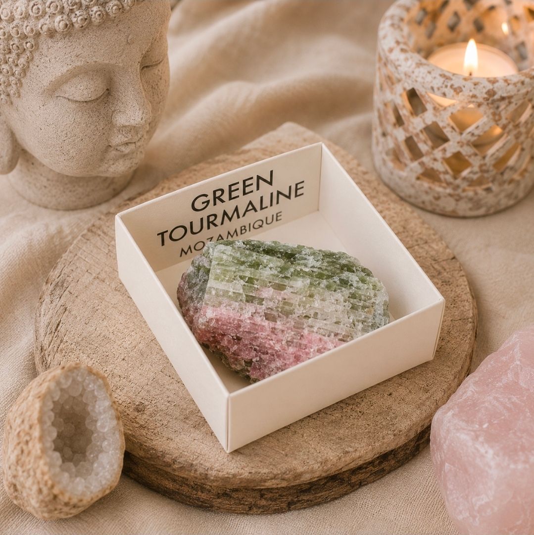 Groene toermalijnkristal in een witte doos op een geweven mat, omringd door kaarsen en rozenkwarts.