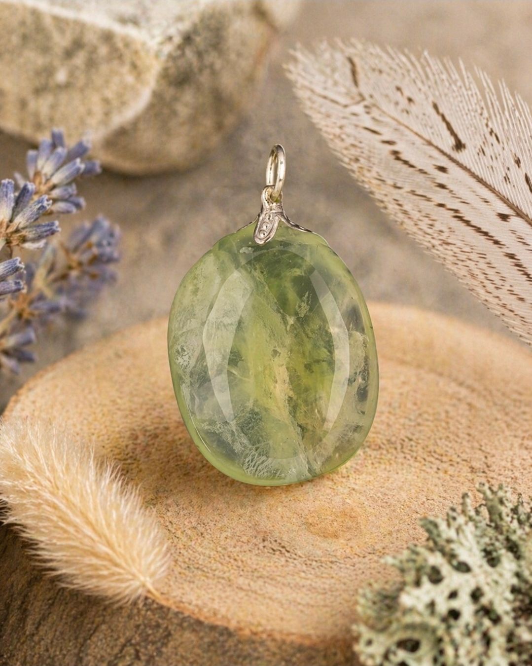 Groene ovale hanger aan een oogje, rustend op een houten schijfje met gedroogde bloemen en zachtbeige decoratie.