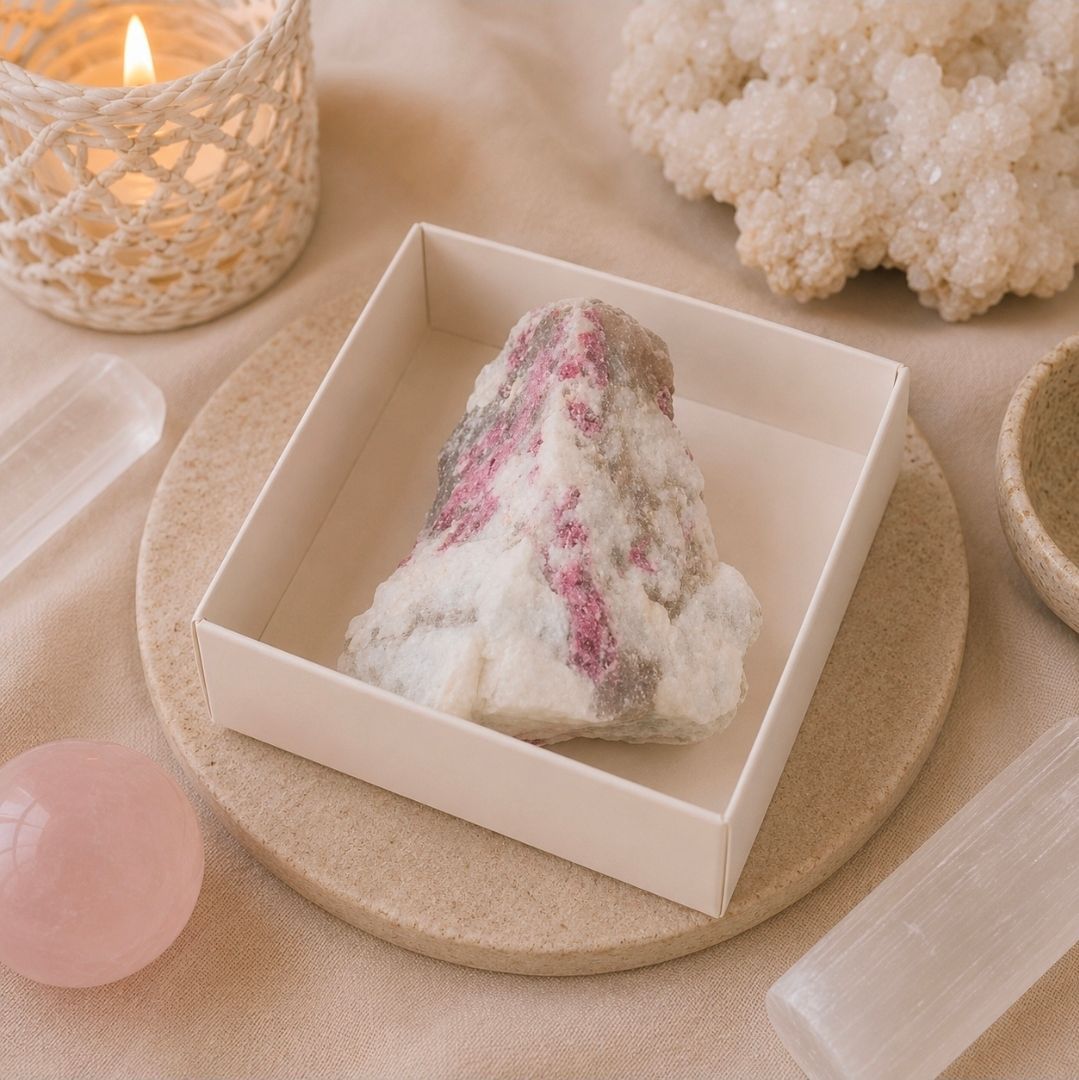 Roze-wit dessert in een vierkant doosje op een beige dienblad met kaarsen en kristallen eromheen.