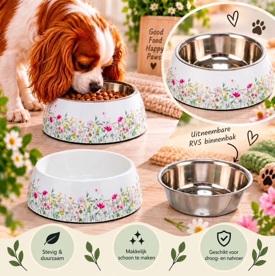 Trixie Voerbak/ Drinkbak Bloemmotief RVS Wit/ Meerkleurig - 14 cm