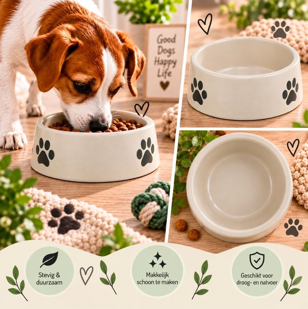 Trixie Voer/Drinkbak Hond Pootmotief Keramiek Lichtgrijs/ Grijs - 12 cm