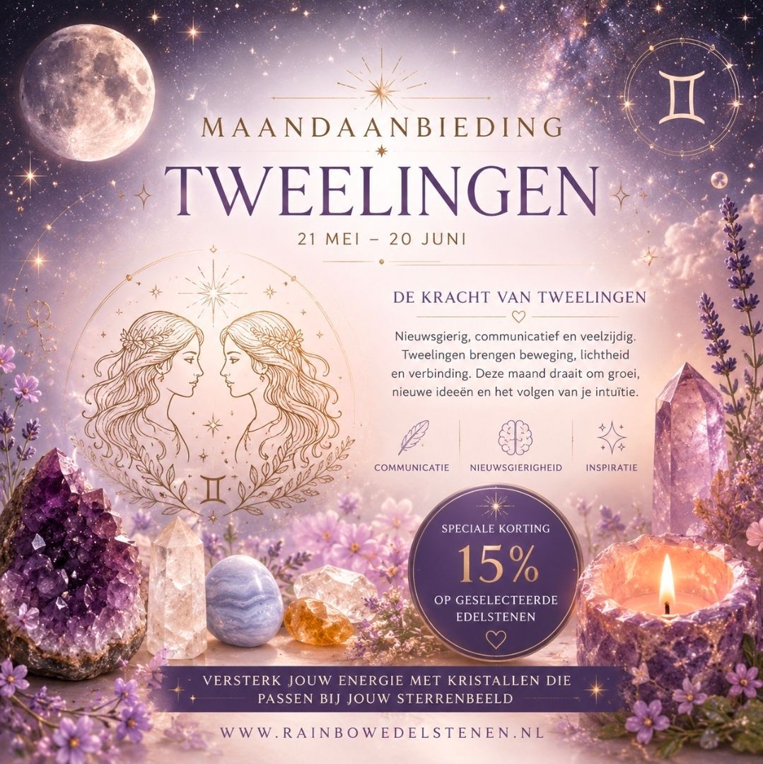 Paarse poster in horoscoopstijl voor Tweelingen met tweelingfiguren, maan, kristallen 