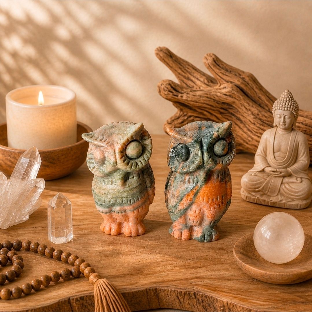 Zen-tafelsetting met uilenbeeldjes, Boeddhabeeld, kaars, kristallen en houten decoratie in warm licht.
