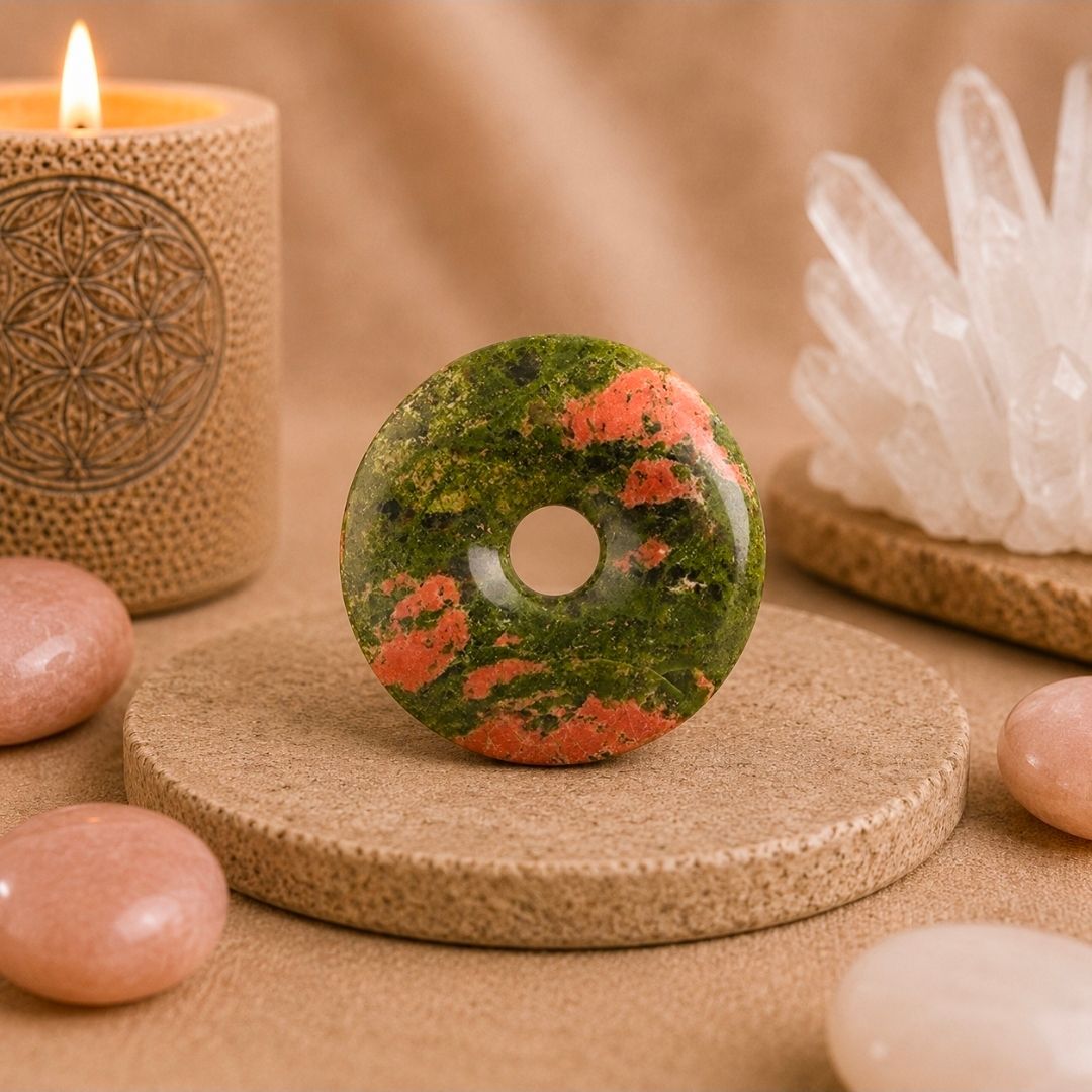 Mosgroene donutkaars met roze bloemen op een beige standaard, omringd door kristallen en een brandende kaars.