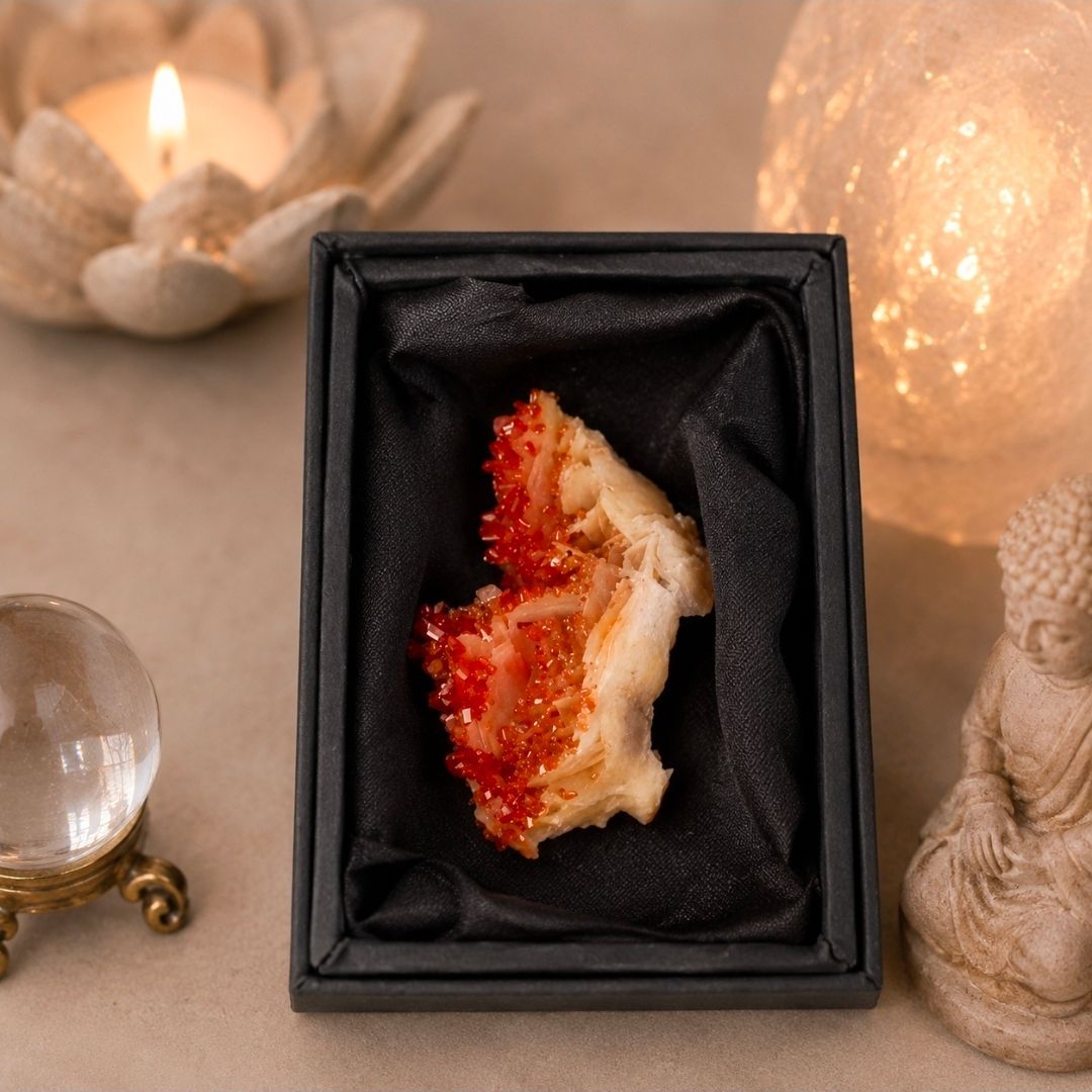 Een rood-witte schelp in een zwarte geschenkdoos op een zacht verlichte tafel.