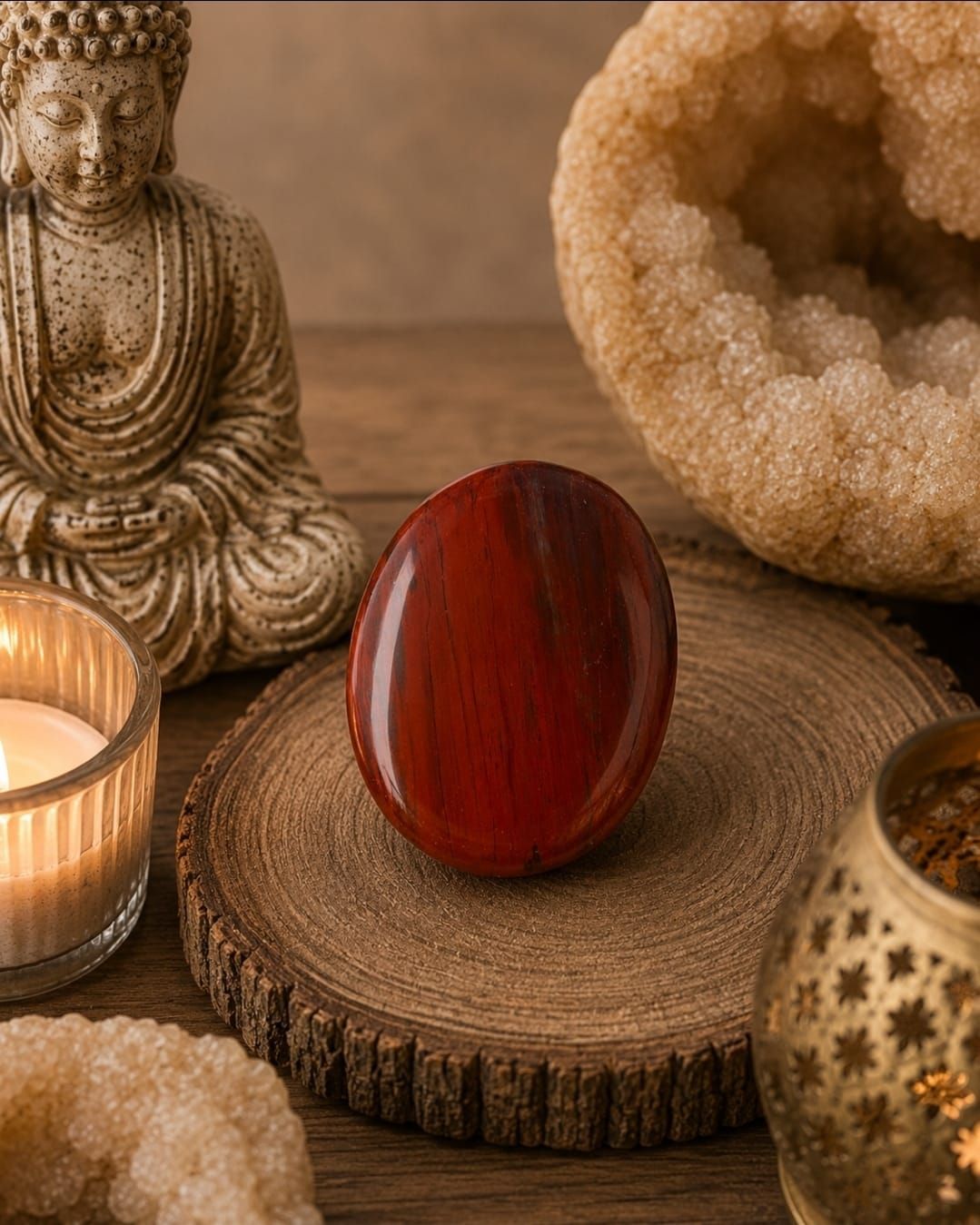 Rode, gepolijste steen op een houten voetstuk met een Boeddhabeeld, kaars en decoratie in een warme meditatieomgeving.