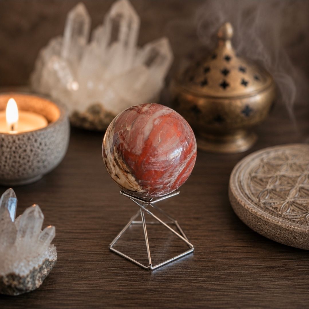 Kristallen bol op een metalen standaard naast kaarsen, kwarts en wierook op een houten tafel.