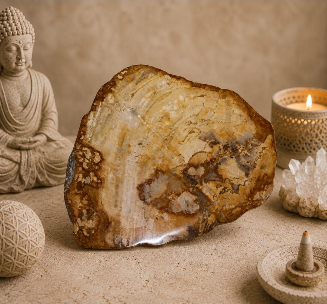 Amberkleurig kristal op een zandkleurig altaar met een Boeddhabeeld, een brandende kaars en kleine decoratieve voorwerpen.