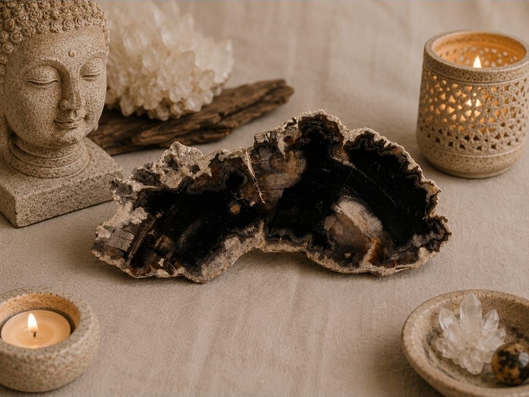 Boeddhabeeld met kristallen en brandende kaarsen op een beige ondergrond, wat een rustgevende meditatiescène creëert.