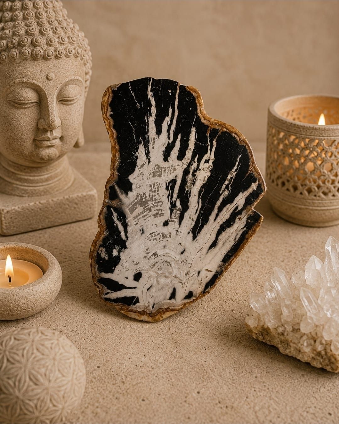 Boeddhabeeld, kaarsen en decoratieve kristallen op een beige tafelblad met een zwart-wit mineraal middelpunt.